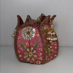 Ethnic Indian Wear Pink and Gold Floral Clutch